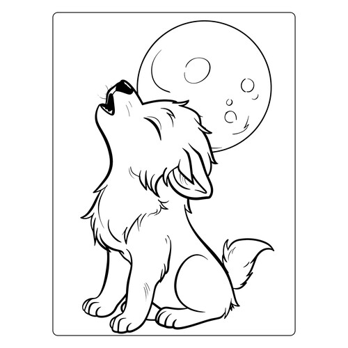 Cute Wolf Pup Howling at the Moon Coloring Page free printable Cute Coloring Pages coloring page