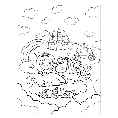 Princess, Unicorn, Carriage, and Castle Coloring Page free printable Cute Coloring Pages coloring page