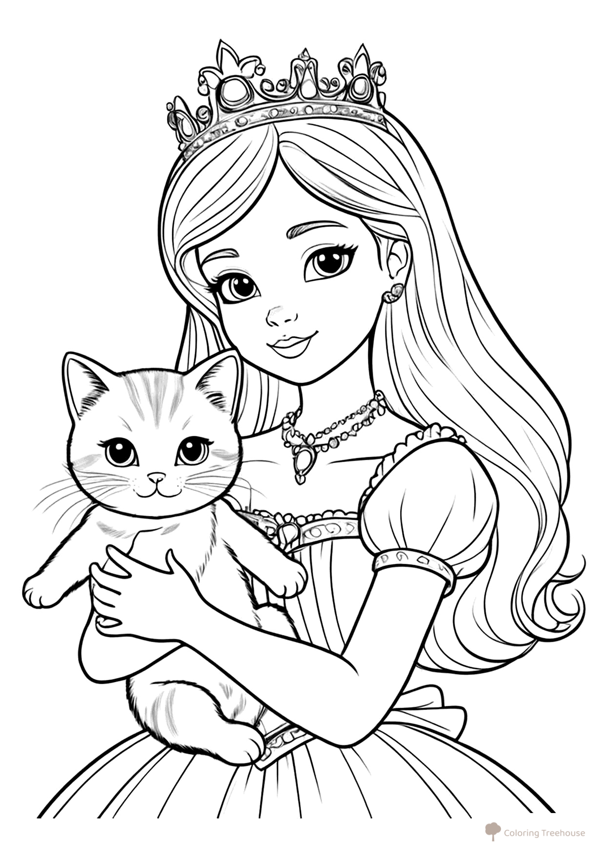 Princess and Fluffy Kitten Coloring Page free printable Cute Coloring Pages coloring page