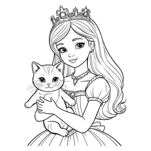 Princess and Fluffy Kitten Coloring Page free printable Cute Coloring Pages coloring page