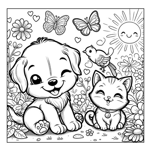 Puppy and Kitten Coloring Page — Butterflies and Sun free printable Cute Coloring Pages coloring page