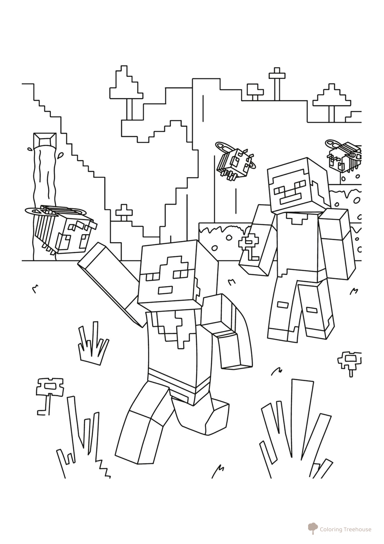 Alex, Steve and Bees Coloring Page free printable Minecraft Coloring Pages coloring page