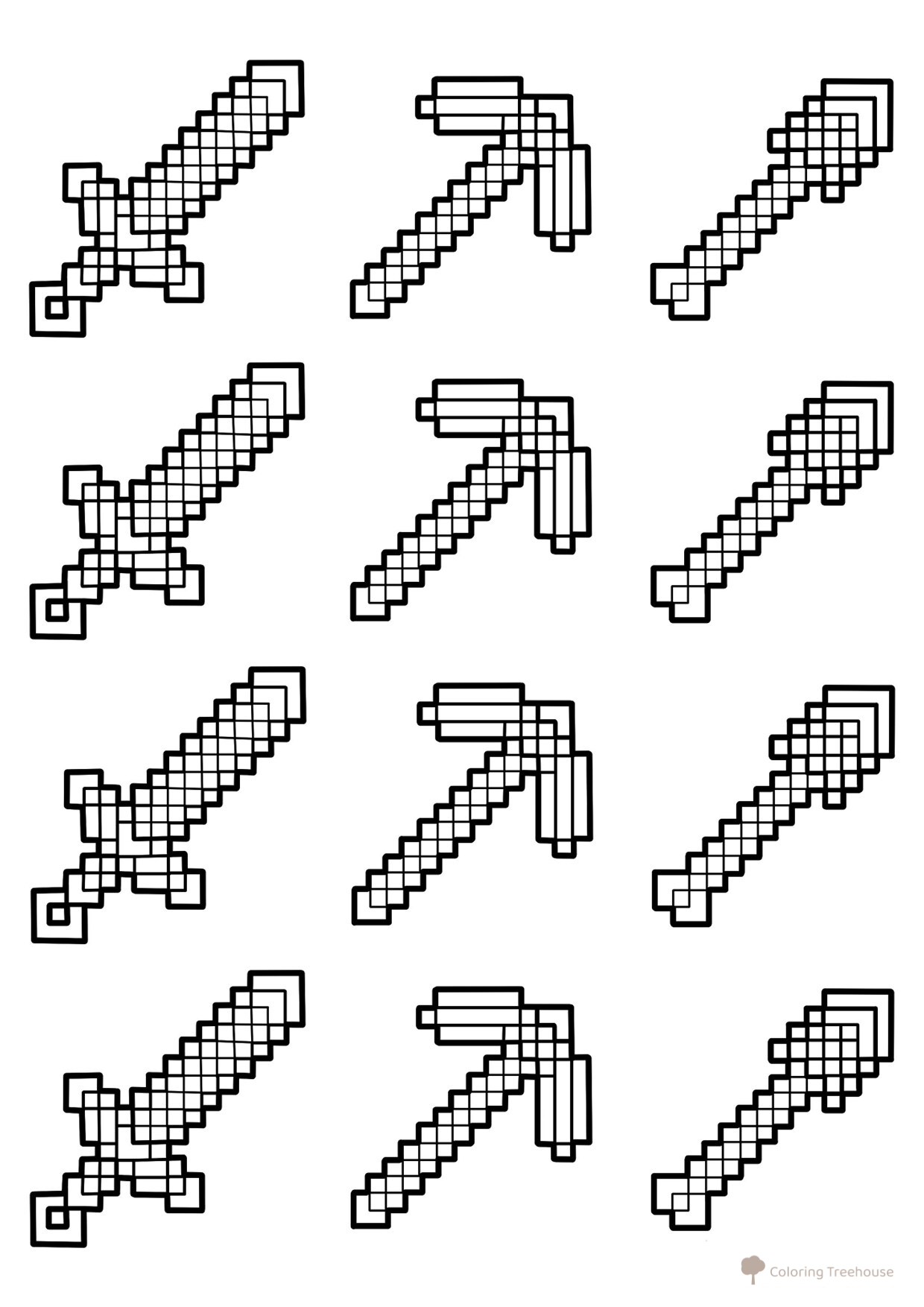 Página para colorear de Minecraft: espada, pico y pala dibujo para colorear gratis de Páginas para colorear de Minecraft