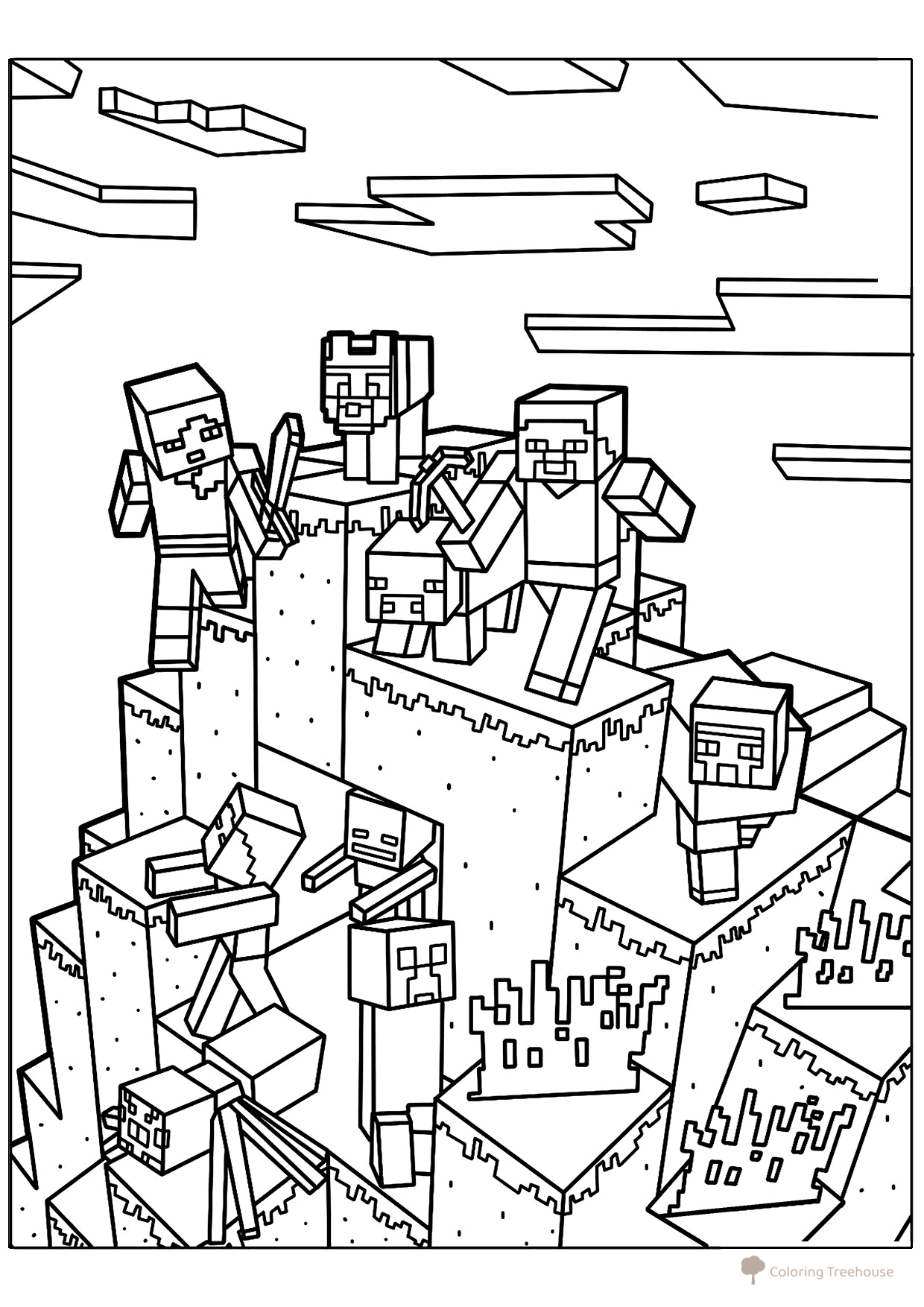 Página para colorear: Steve y Alex en la cima rodeados de mobs dibujo para colorear gratis de Páginas para colorear de Minecraft