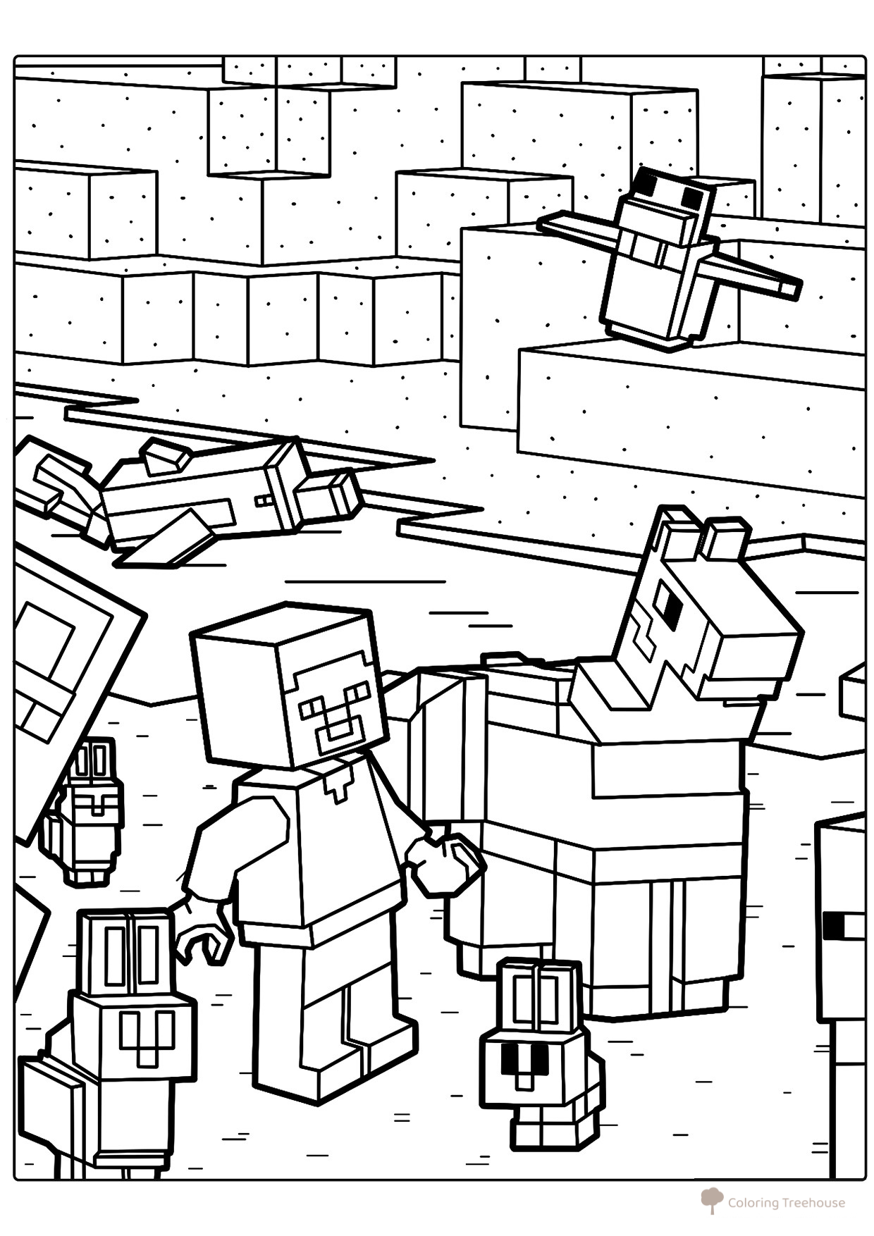 Página para colorear: Steve con una llama y conejos dibujo para colorear gratis de Páginas para colorear de Minecraft