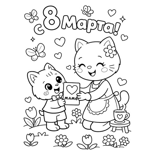 涂色页:“小猫送给妈妈一张3月8日贺卡” 免费可打印三八节(3月8日)着色页涂色页