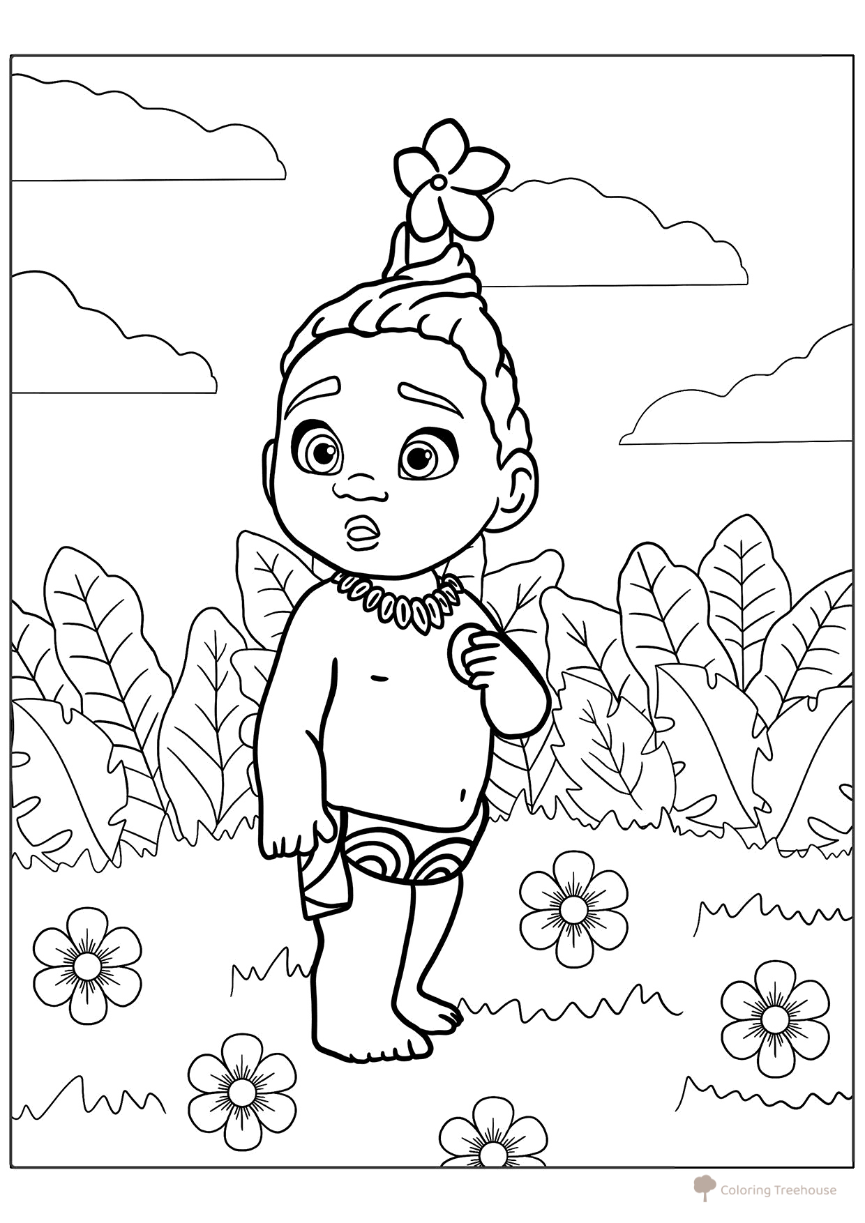 Página para colorear de la pequeña Moana con un bonito peinado dibujo para colorear gratis de Páginas para colorear de Moana y Moana 2