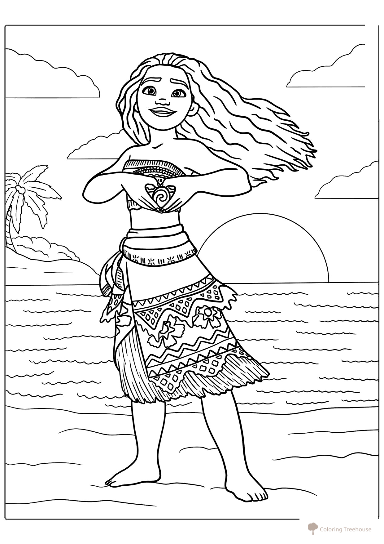 Moana Coloring Page: Moana with the Heart of Te Fiti on the Shore free printable Moana and Moana 2 Coloring Pages coloring page