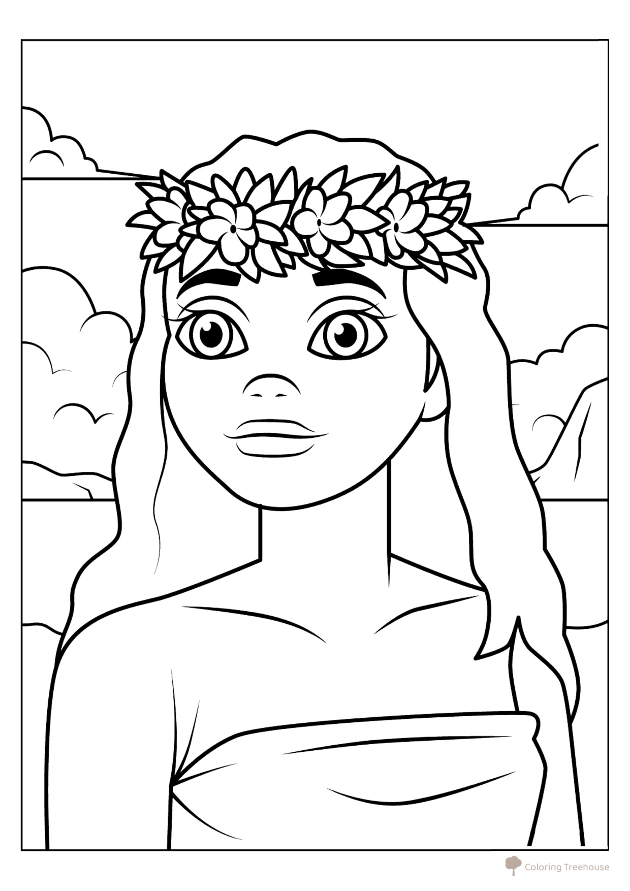 Página para colorear «Moana con una corona de flores» dibujo para colorear gratis de Páginas para colorear de Moana y Moana 2