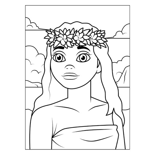 Página para colorear «Moana con una corona de flores» dibujo para colorear gratis de Páginas para colorear de Moana y Moana 2