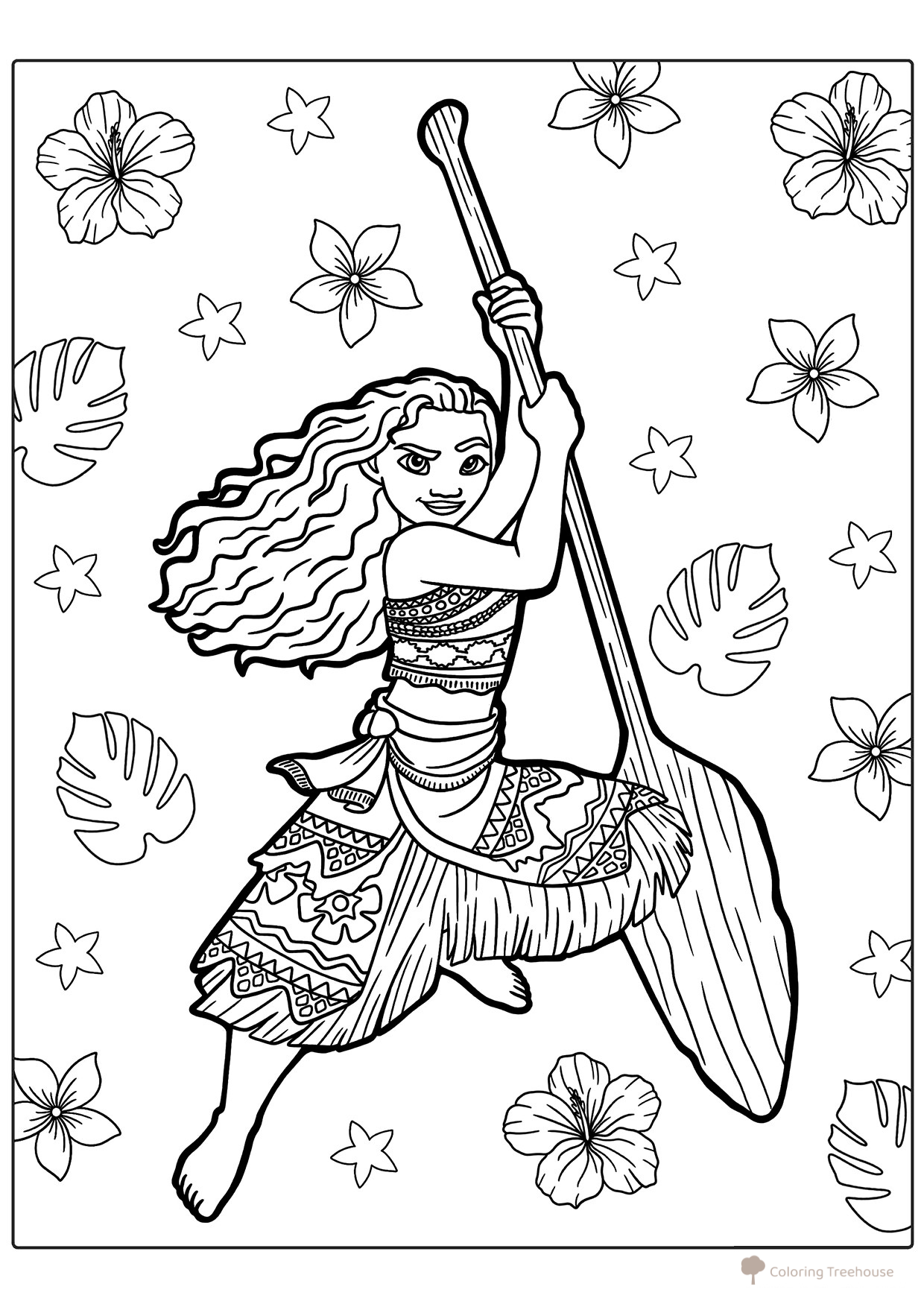 Página para colorear: Princesa Moana y flores dibujo para colorear gratis de Páginas para colorear de Moana y Moana 2