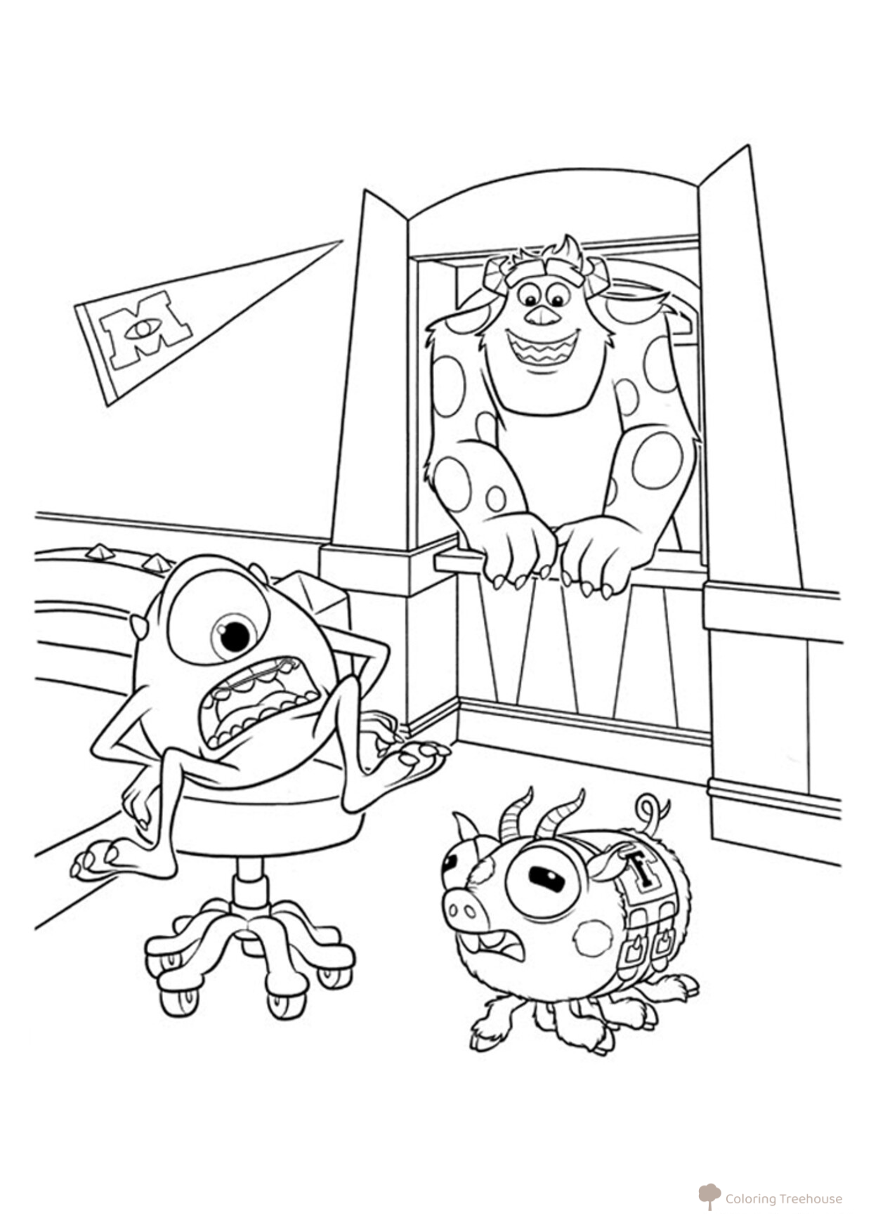 Página para colorear: Archie, Mike Wazowski y Sulley dibujo para colorear gratis de Páginas para colorear de Monsters University