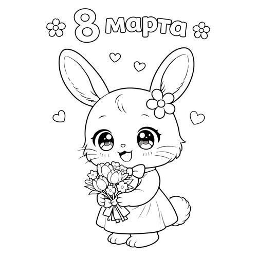 Página para colorear «Conejo con ramo para el 8 de marzo» dibujo para colorear gratis de Páginas para colorear del 8 de marzo