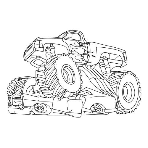 Página para colorear «Monster Truck aplasta el coche» dibujo para colorear gratis de Páginas para colorear de Monster Truck