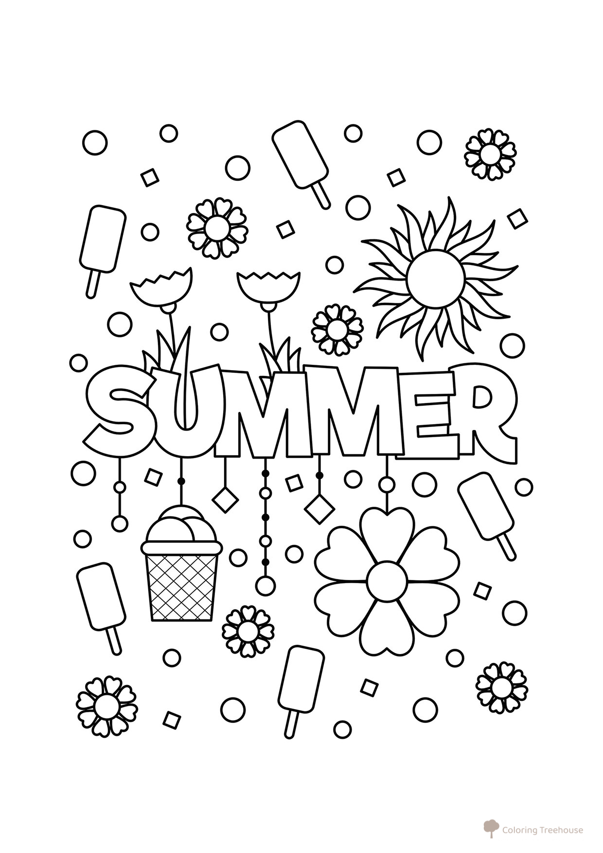 Página para colorear: Escena veraniega con helado dibujo para colorear gratis de Ice Cream Coloring Pages