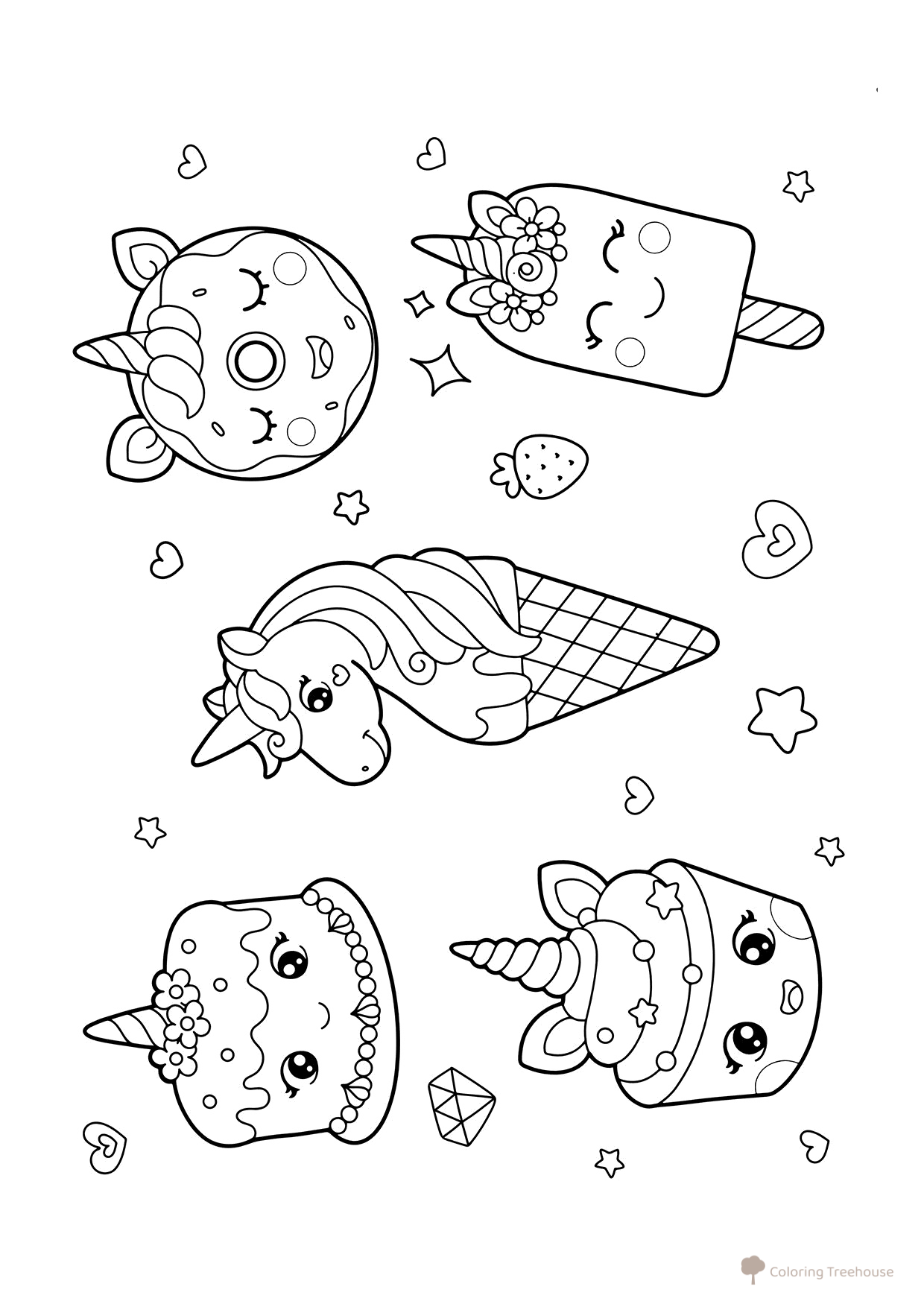 Página para colorear: Helados, cupcakes y donut adorables dibujo para colorear gratis de Ice Cream Coloring Pages
