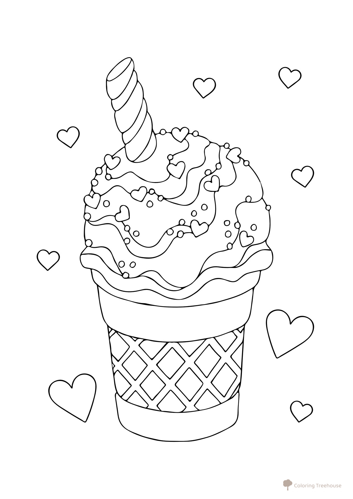 Página para colorear: Helado en cucurucho con corazones dibujo para colorear gratis de Ice Cream Coloring Pages