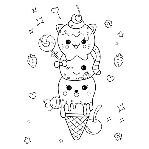 Ice Cream Cone Coloring Page with Three Scoops and Kittens free printable Ice Cream Coloring Pages coloring page