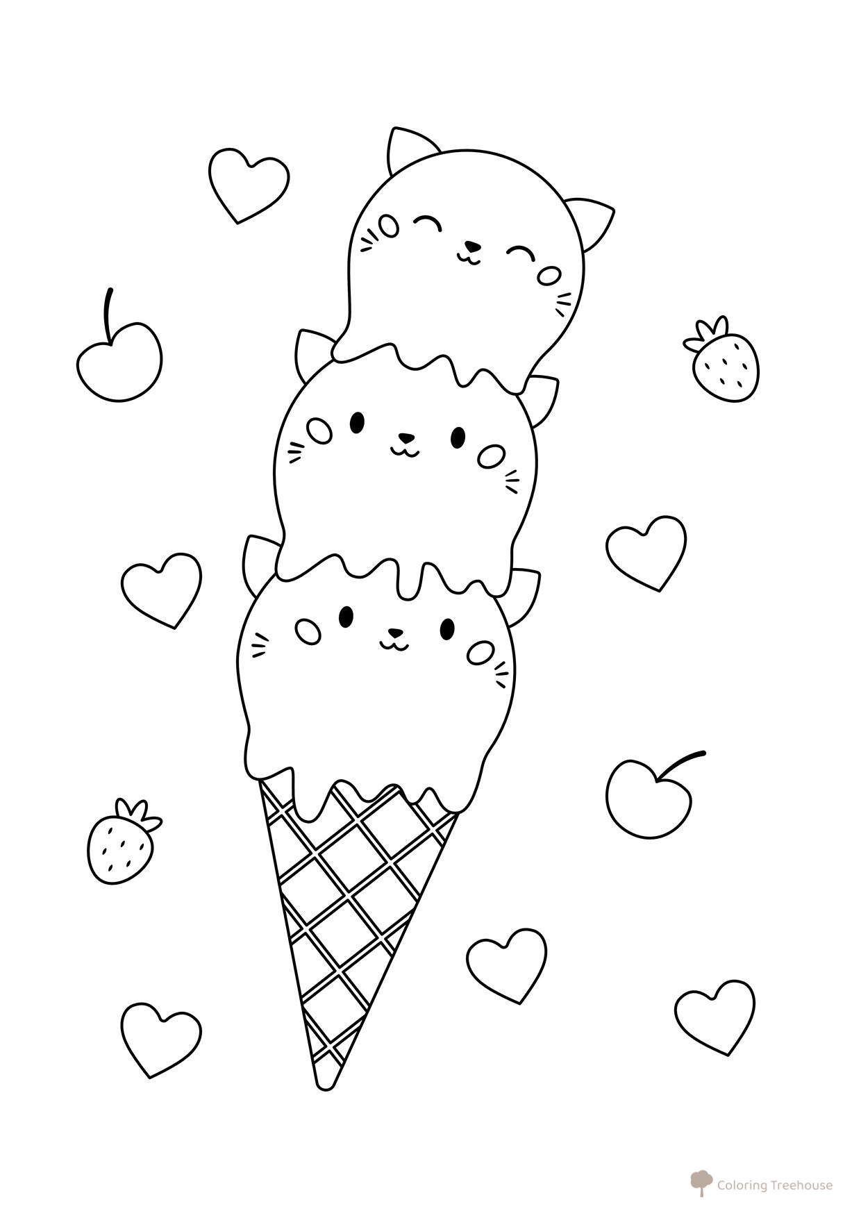 Página para colorear: Cono de helado tipo waffle con tres gatitos dibujo para colorear gratis de Ice Cream Coloring Pages