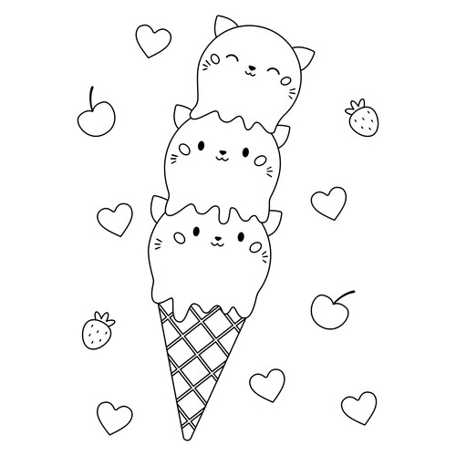 Waffle Cone Ice Cream Coloring Page with Three Kittens free printable Ice Cream Coloring Pages coloring page
