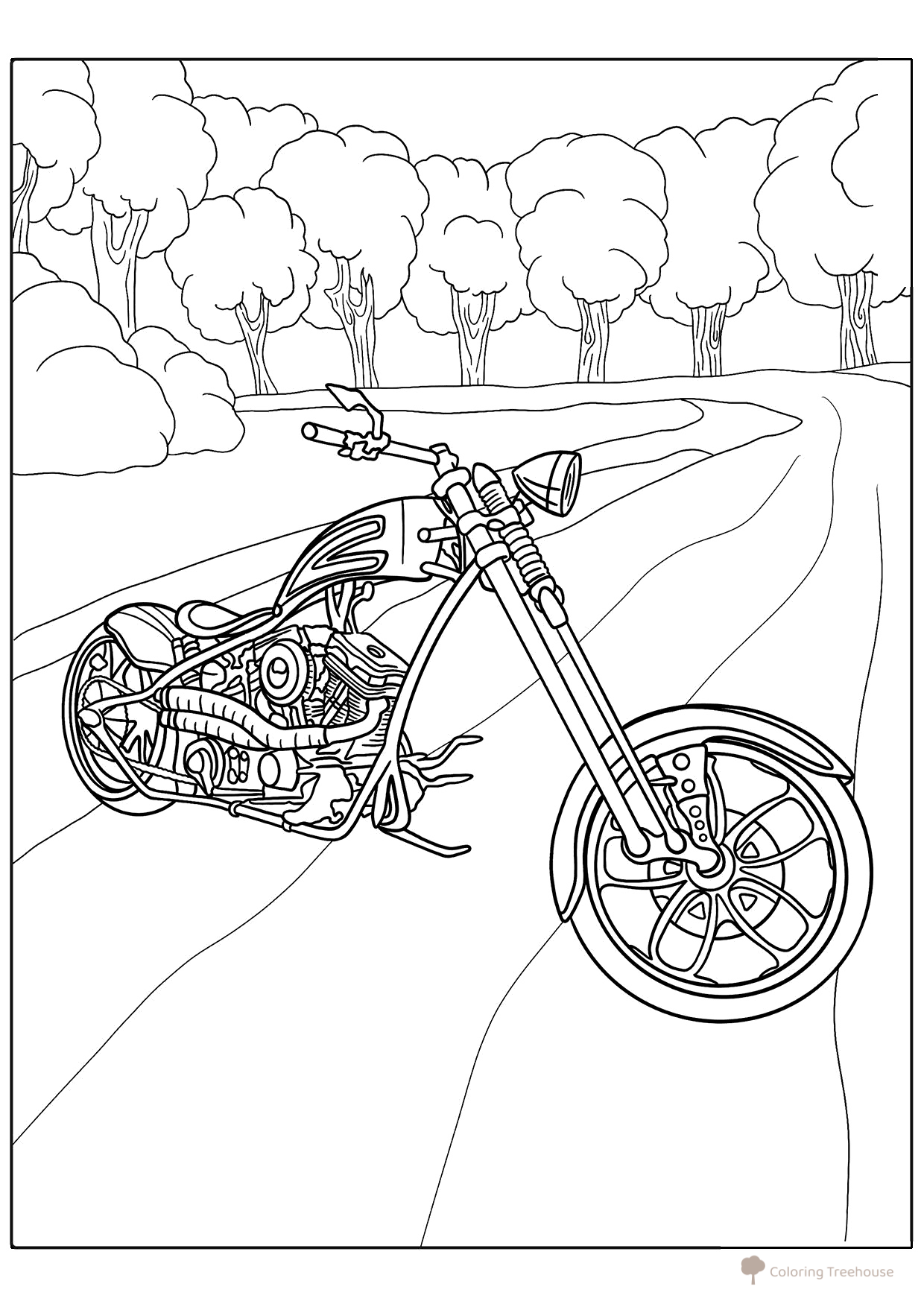 Chopper in the Forest Coloring Page free printable Motorcycle Coloring Pages coloring page
