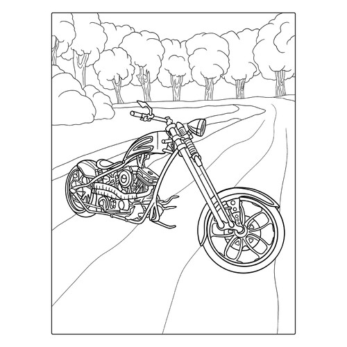 Chopper in the Forest Coloring Page free printable Motorcycle Coloring Pages coloring page