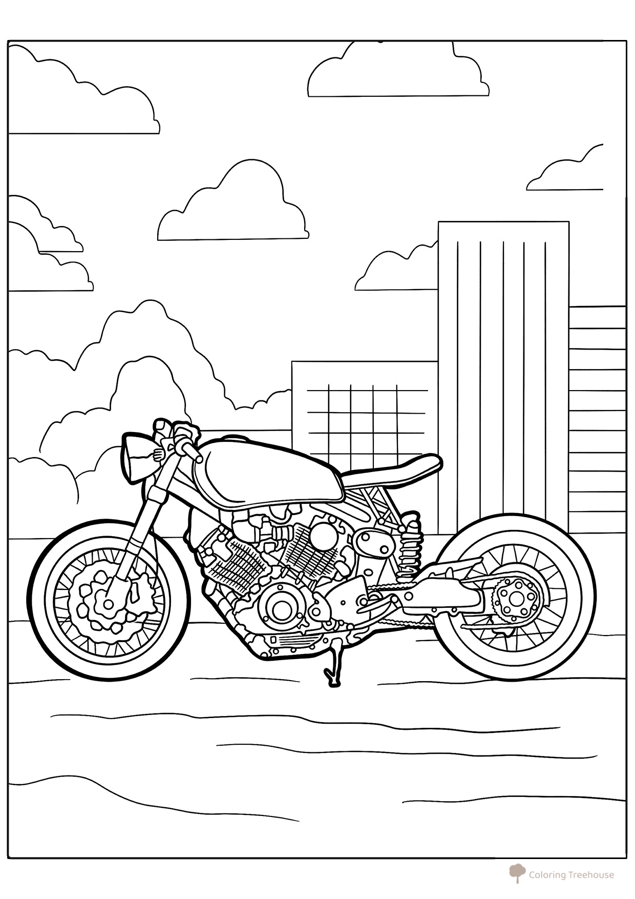 Motorcycle in the City Coloring Page free printable Motorcycle Coloring Pages coloring page