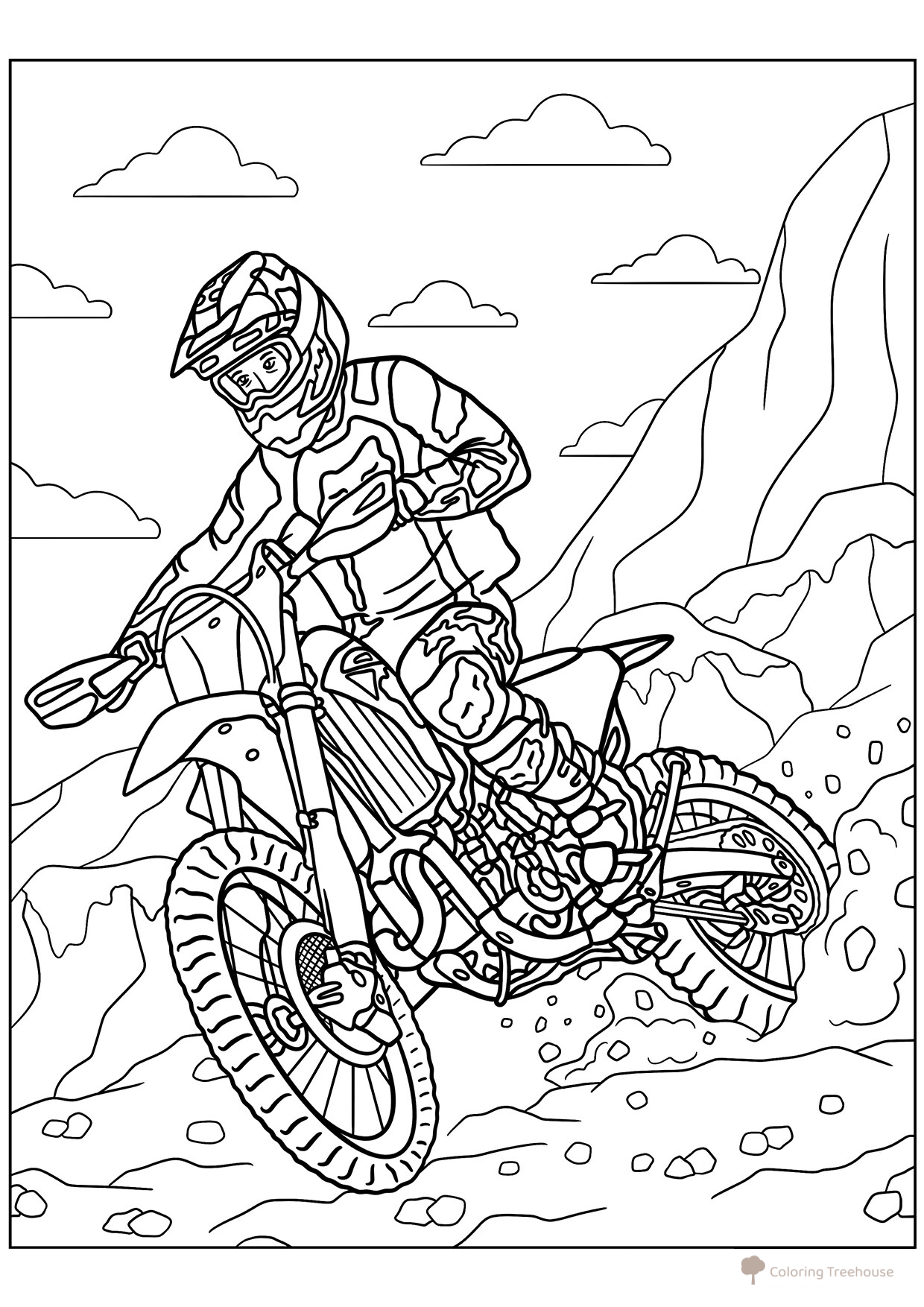 Página para colorear «Motociclista en un camino pedregoso» dibujo para colorear gratis de Páginas para colorear de motocicletas