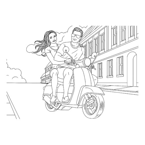 Página para colorear «Chico con chica en un scooter» dibujo para colorear gratis de Páginas para colorear de motocicletas