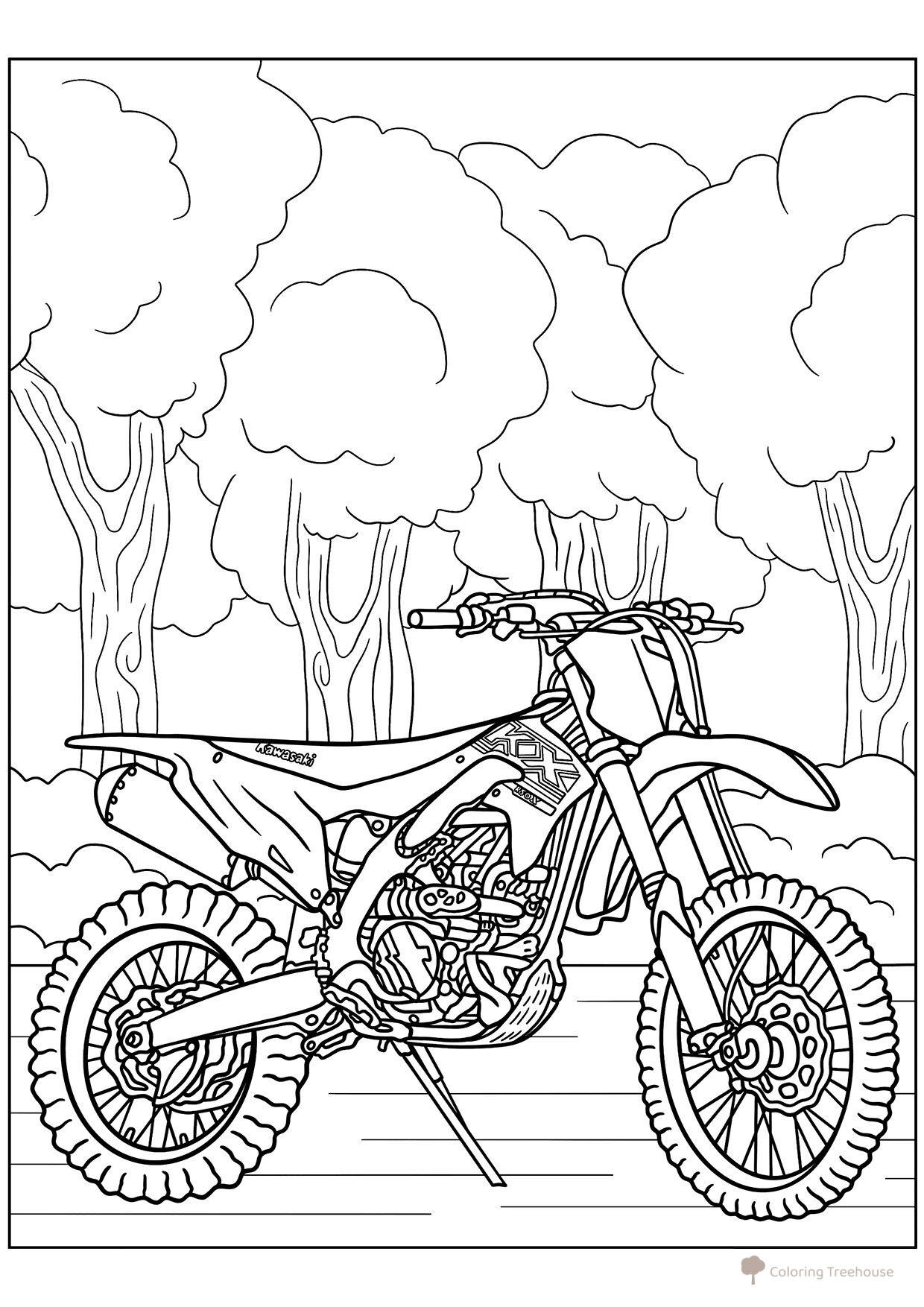 Página para colorear «Motocicleta Kawasaki estacionada» dibujo para colorear gratis de Páginas para colorear de motocicletas