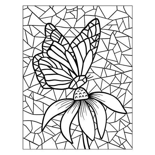 Libro para colorear «Mosaico: mariposa en la flor» dibujo para colorear gratis de Páginas para colorear estilo mosaico