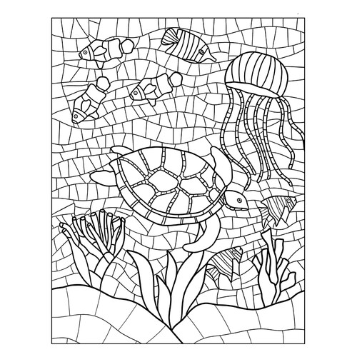 Páginas para colorear: Mosaico «Tortuga y pececitos» dibujo para colorear gratis de Páginas para colorear estilo mosaico