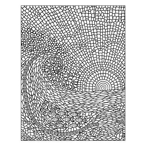 Página para colorear «Mosaico complejo con olas, aves y atardecer» dibujo para colorear gratis de Páginas para colorear estilo mosaico