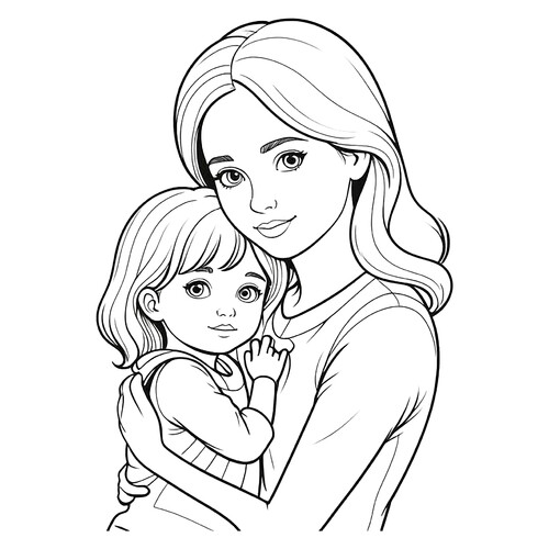 填色页:妈妈与女儿 免费可打印三八节(3月8日)着色页涂色页