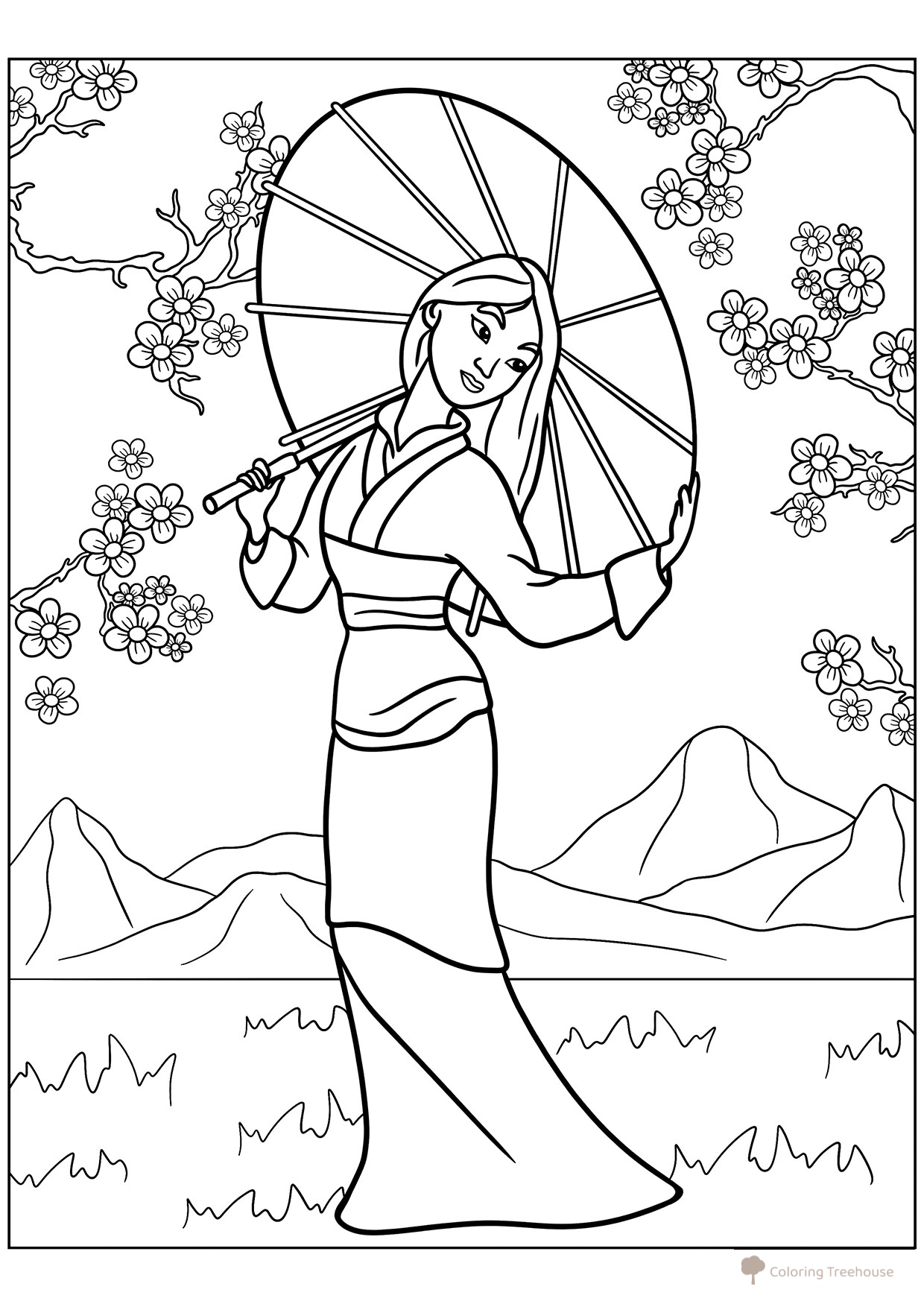 Mulan with Umbrella Coloring Page free printable Mulan Coloring Pages coloring page