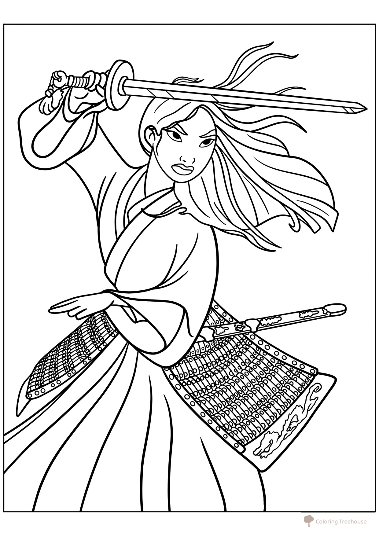 Mulan en batalla - Página para colorear dibujo para colorear gratis de Páginas para colorear de Mulán