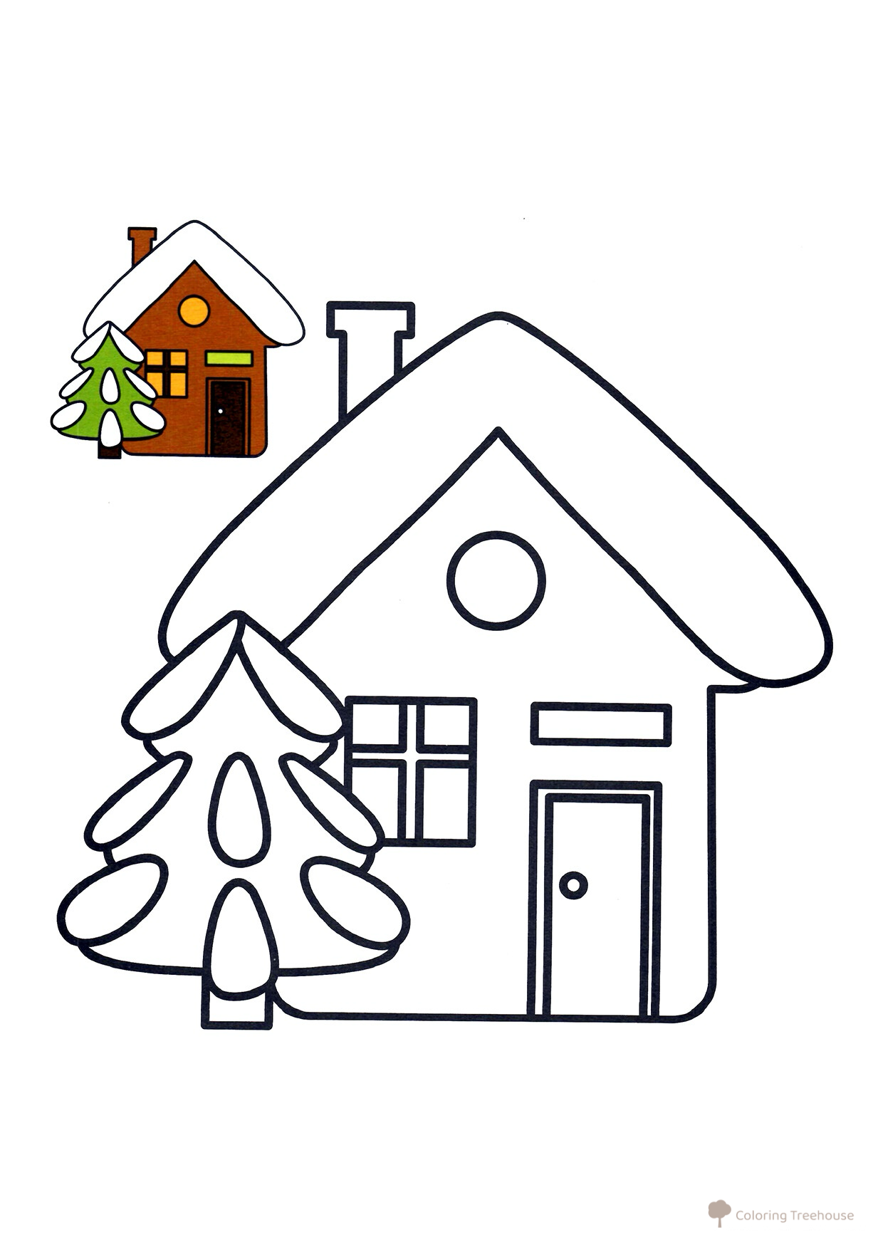 Página para colorear: Casita con árbol de Navidad (modelo a color) dibujo para colorear gratis de Páginas para colorear navideñas para niños con modelo a color