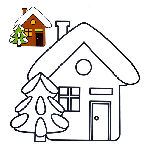 Página para colorear: Casita con árbol de Navidad (modelo a color) dibujo para colorear gratis de Páginas para colorear navideñas para niños con modelo a color