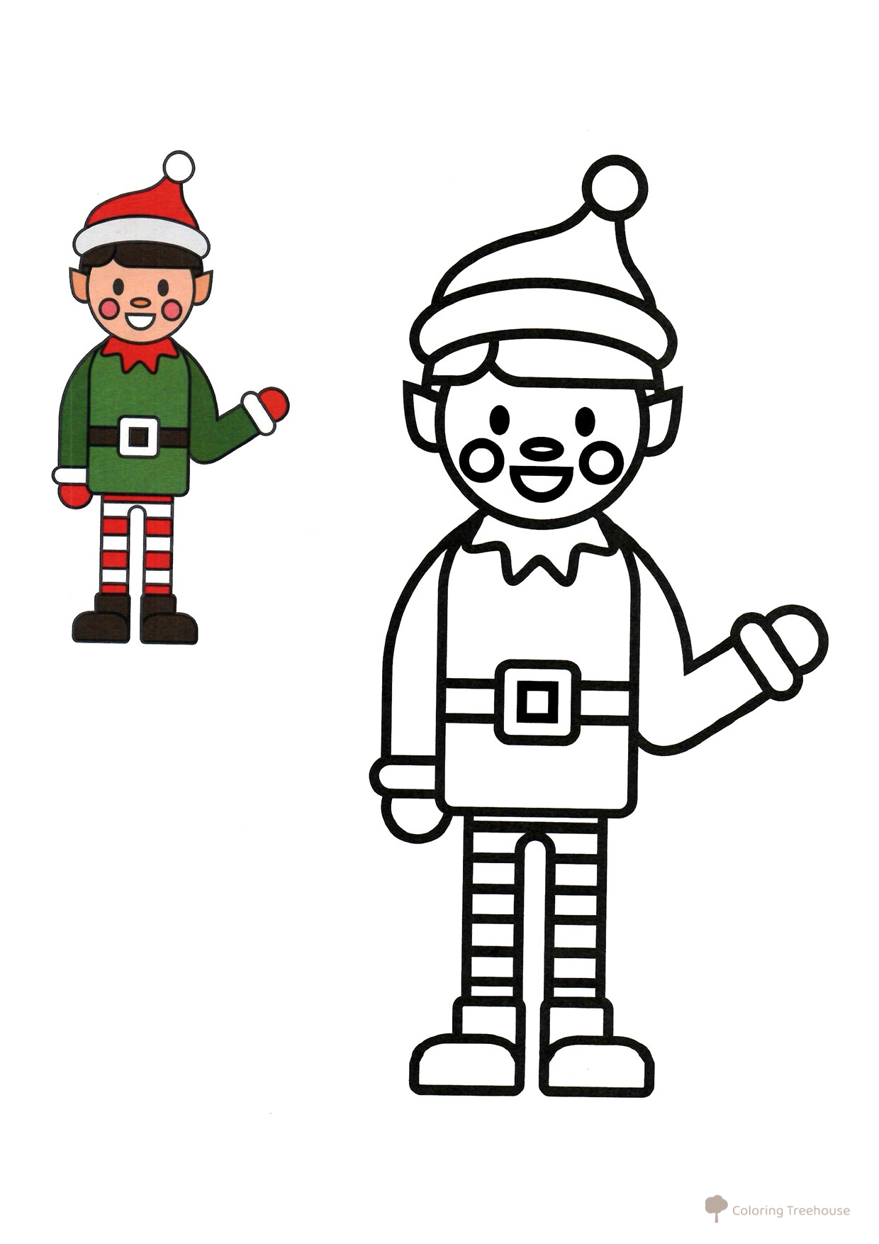 Página para colorear: Elfo saludando con muestra de color dibujo para colorear gratis de Páginas para colorear navideñas para niños con modelo a color