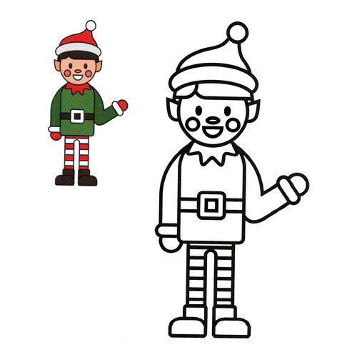 Página para colorear: Elfo saludando con muestra de color dibujo para colorear gratis de Páginas para colorear navideñas para niños con modelo a color