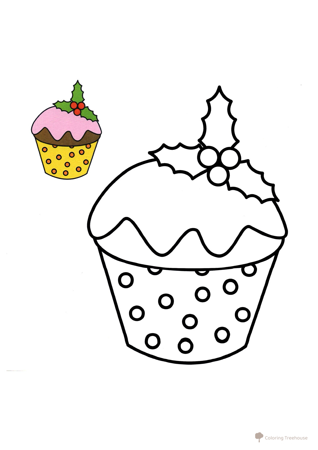 Página para colorear: Cupcake con glaseado (con modelo a color) dibujo para colorear gratis de Páginas para colorear navideñas para niños con modelo a color