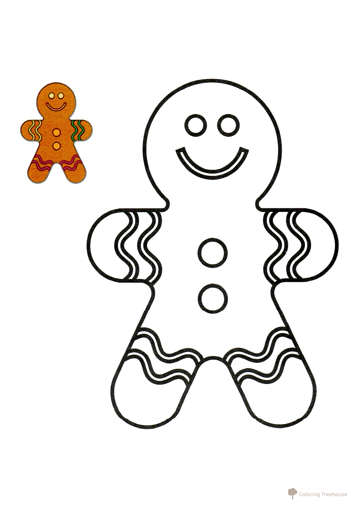 Gingerbread Man Coloring Page with Color Sample free printable Christmas Coloring Pages for Toddlers with Color Reference coloring page