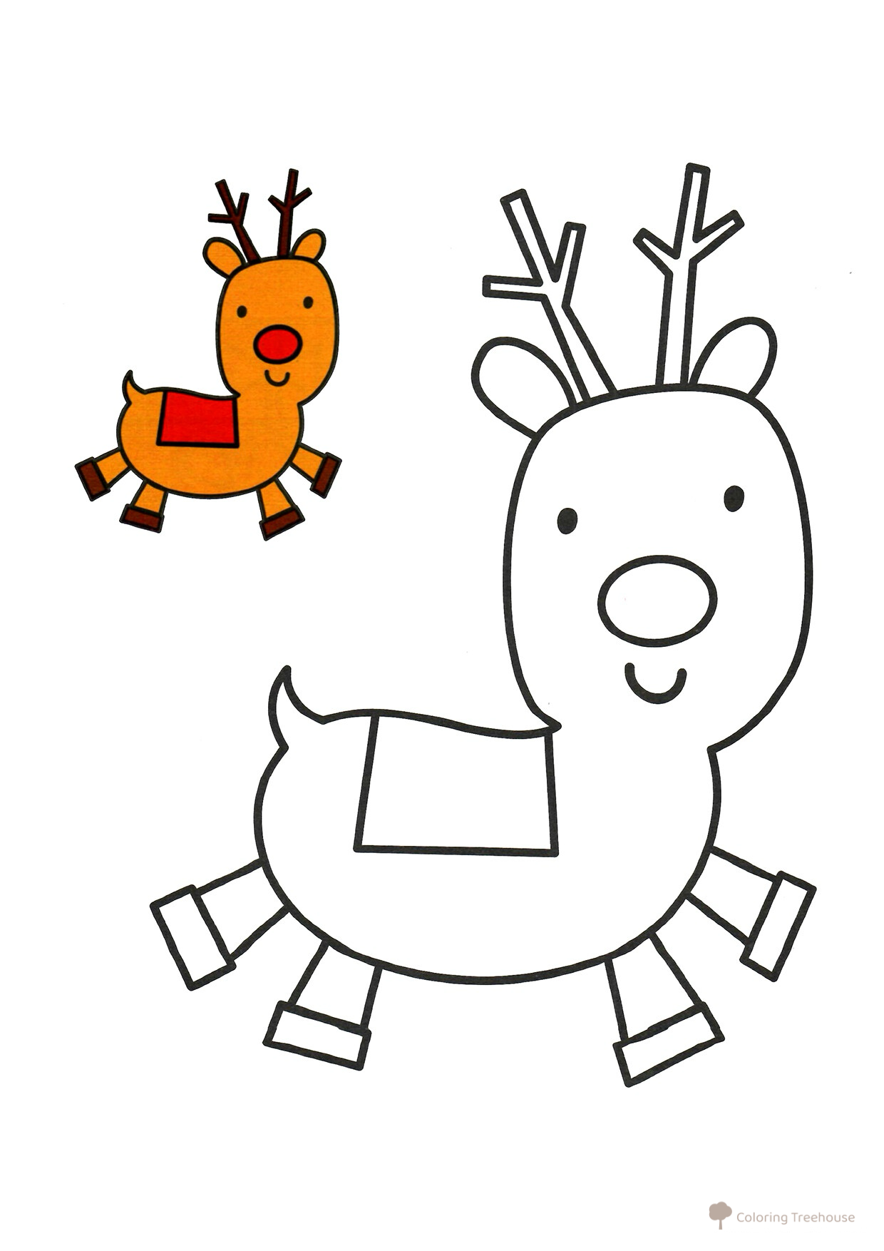 Página para colorear: Ciervo para niños con ejemplo en color dibujo para colorear gratis de Páginas para colorear navideñas para niños con modelo a color