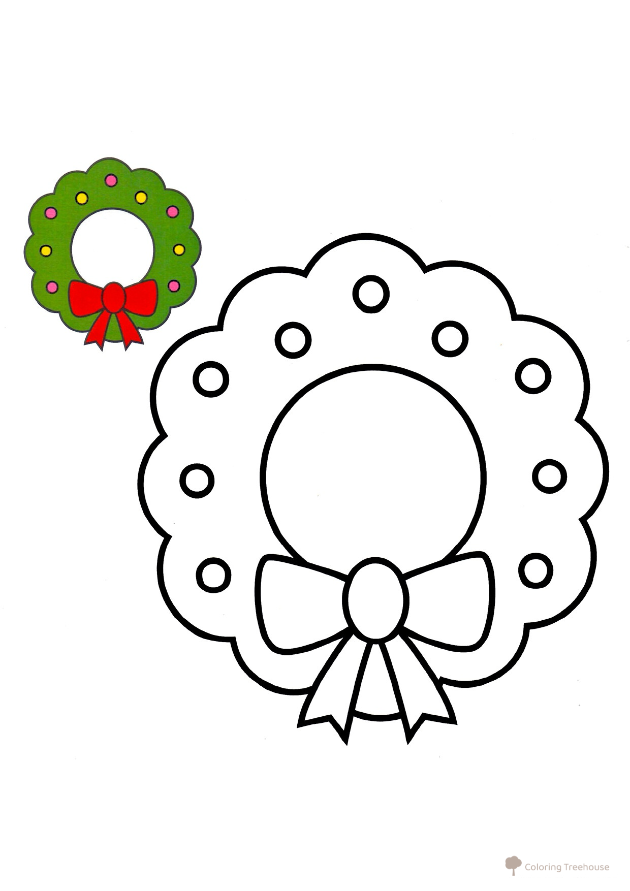 Página para colorear: Corona de Navidad con ejemplo a color dibujo para colorear gratis de Páginas para colorear navideñas para niños con modelo a color