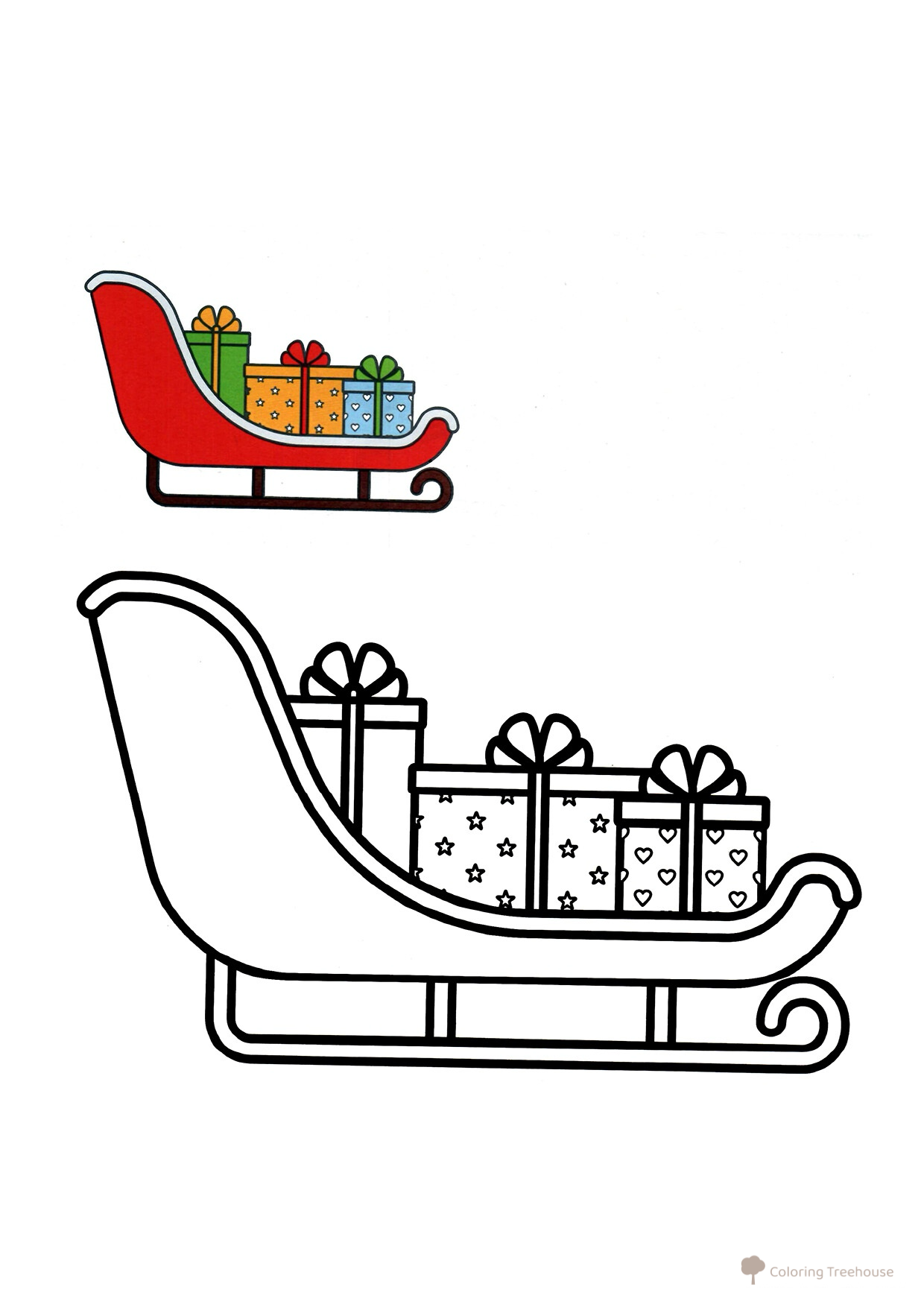 Página para colorear: Trineo con regalos (modelo a color) dibujo para colorear gratis de Páginas para colorear navideñas para niños con modelo a color