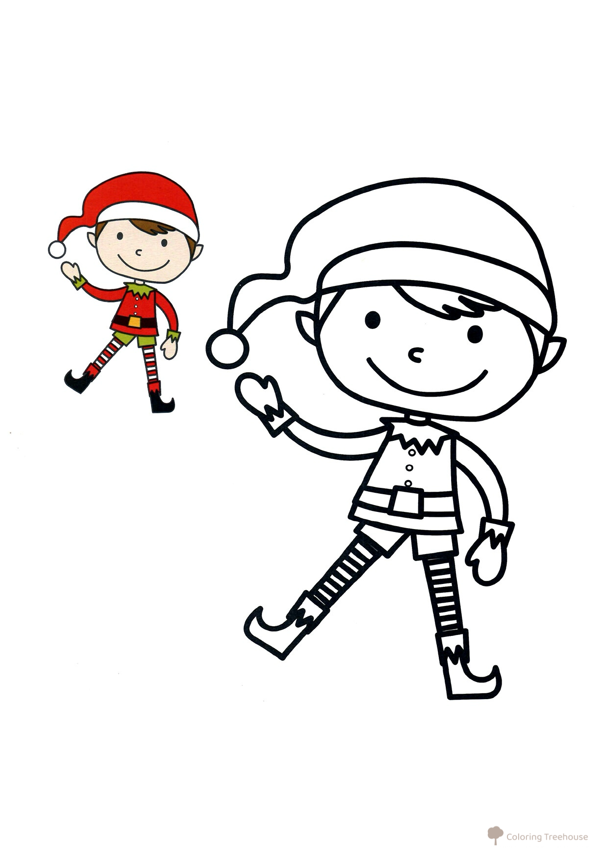 Happy Elf Coloring Page with Color Sample free printable Christmas Coloring Pages for Toddlers with Color Reference coloring page