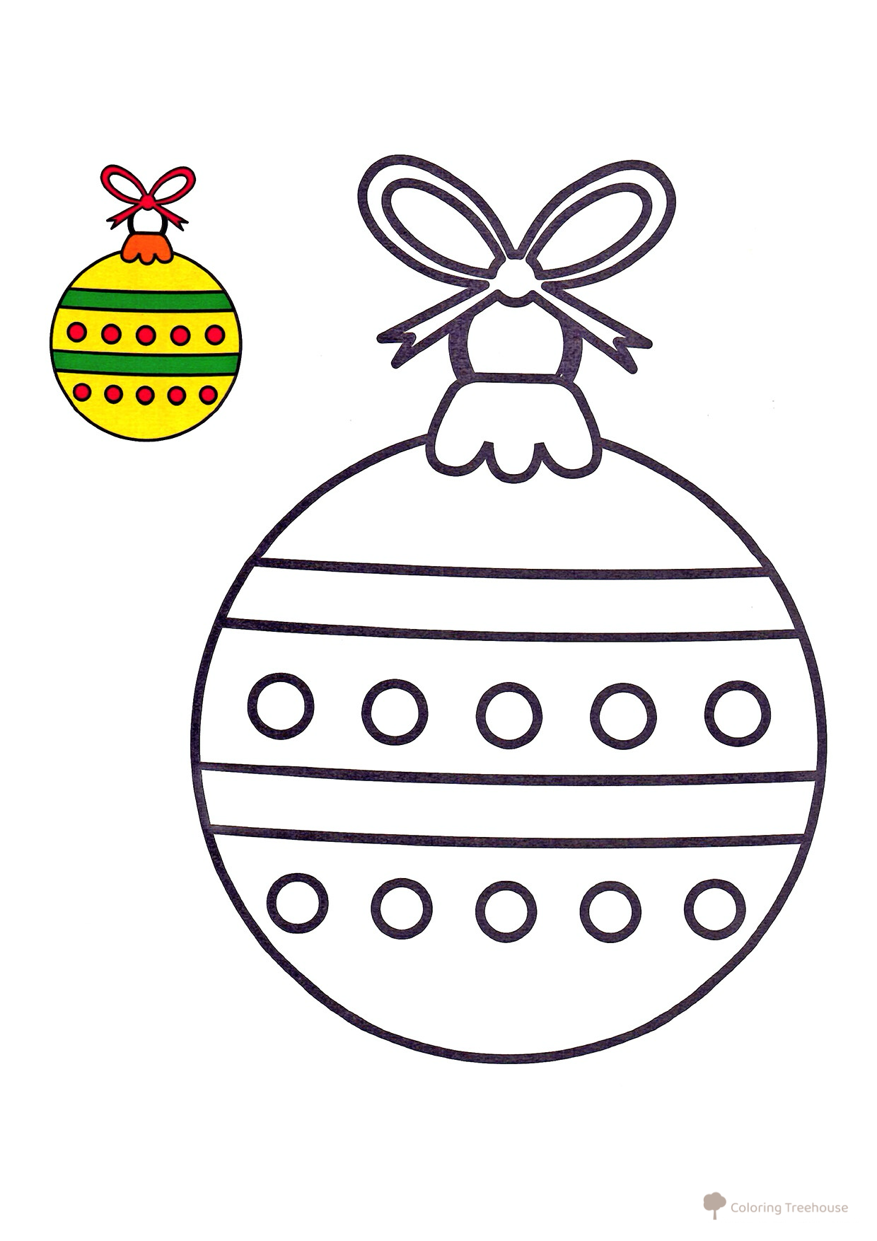 Página para colorear: Adorable bola de Navidad con muestra en color dibujo para colorear gratis de Páginas para colorear navideñas para niños con modelo a color