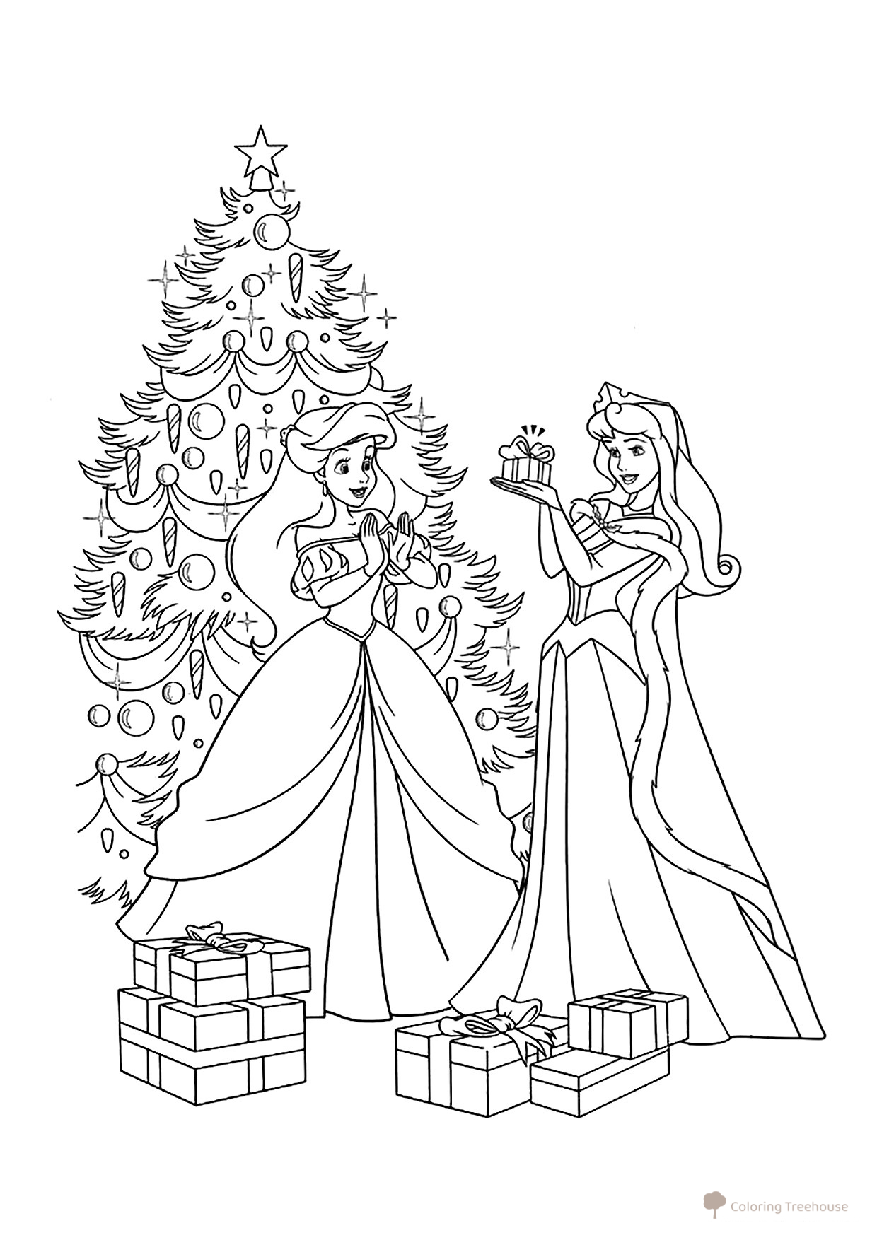 Dibujo para colorear: Ariel y Aurora en Año Nuevo dibujo para colorear gratis de Páginas para colorear de Año Nuevo para niños
