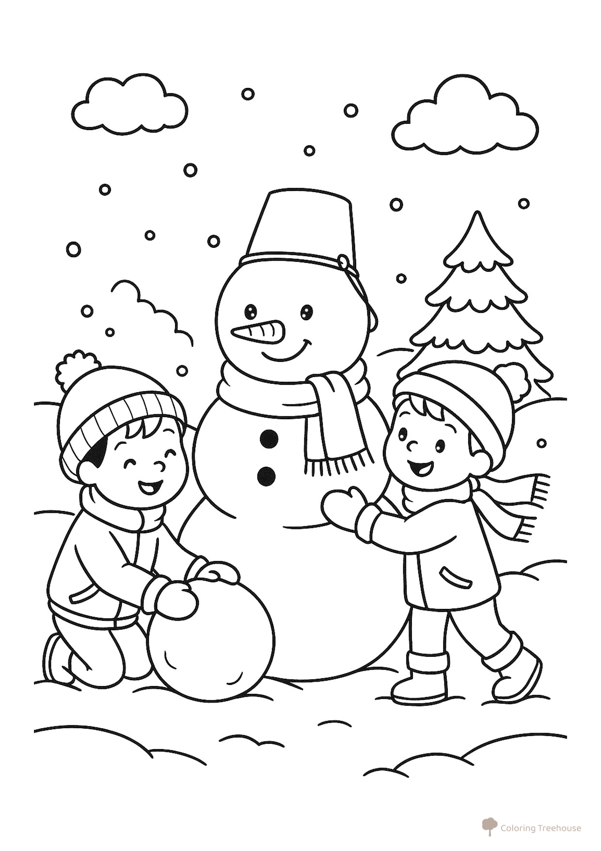 Children Building a Snowman in the Forest Coloring Page free printable New Year Coloring Pages for Kids coloring page