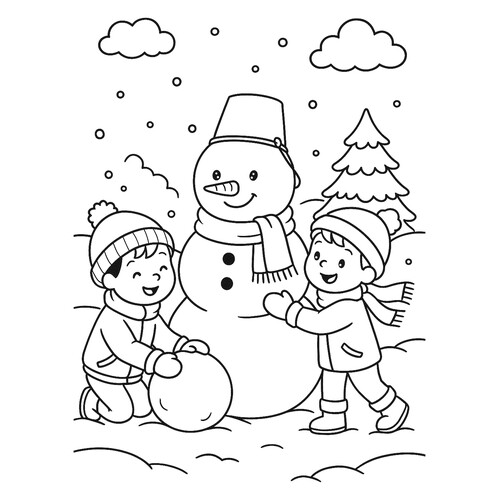 Children Building a Snowman in the Forest Coloring Page free printable New Year Coloring Pages for Kids coloring page